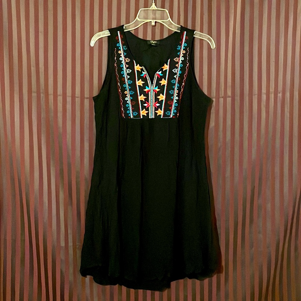 Cupio Black Embroidered Sleeveless Lined Bohemian Dress